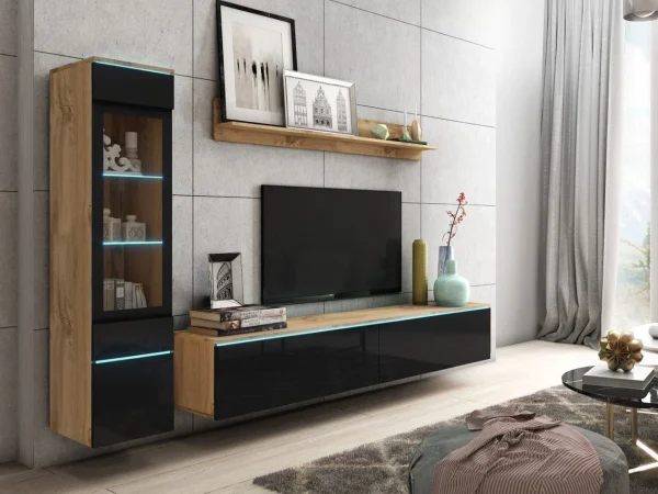 Mur Tv-hifi VITTORIO 4 Portes Chêne Wotan/noir Brillant Sans Led magasin france 1