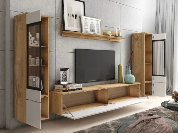 Mur Tv-hifi VITTORIO 6 Portes Chêne Wotan/blanc Brillant Avec Led magasin 3