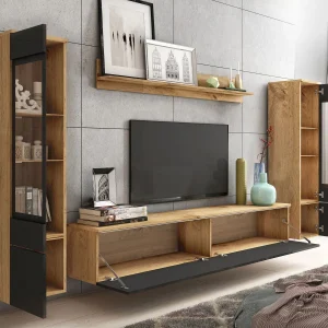 prix de gros Mur Tv-hifi VITTORIO 6 Portes Chêne Wotan/noir Brillant Sans Led 10
