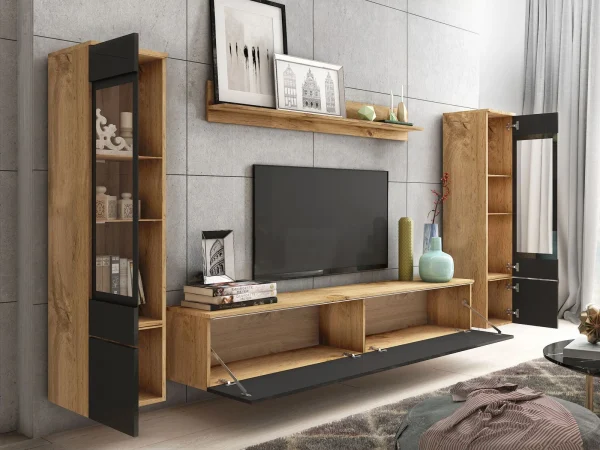 prix de gros Mur Tv-hifi VITTORIO 6 Portes Chêne Wotan/noir Brillant Sans Led 4